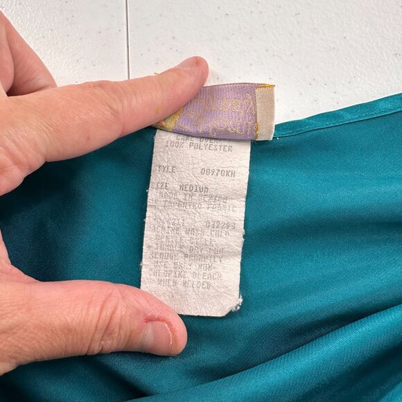 Vtg California Dynasty Satin Chemise Nightgown Adjustable Spaghetti Straps Teal - Picture 4 of 7